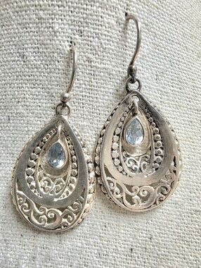Vintage ATI Indonesia Sterling Silver Filagree and BlueTopaz Dangle Earrings